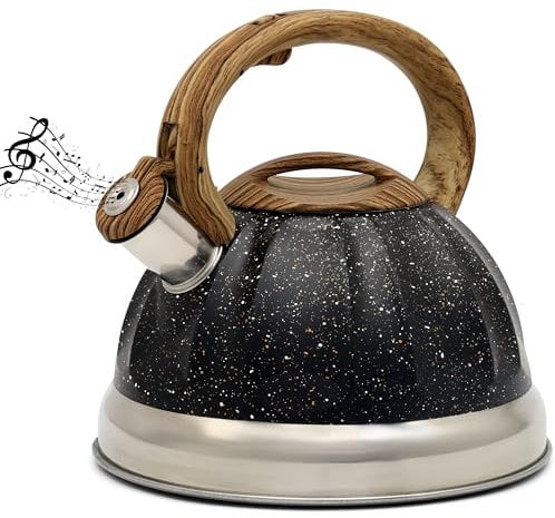 Belle Vous Tetera Negra 3L de Inducción con Silbato - Hervidor de Agua Silbante Vintage para Cocina de Gas o Induccion Vitroceramica Cocina o Camping - para Te Café e Infusiones