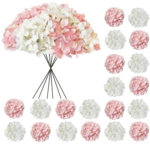 Cherica Künstliche Hortensien, weiße und rosa Hortensien, künstliche Hortensien, künstliche Seiden-Hortensien mit Stielen, weiße Blumen, künstliche für Dekoration, Hochzeitsdekoration, 20 Stück