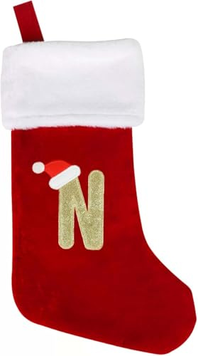 VEYLIN Large Embroidered Stockings, 20 Inch Plush Embroidered Stockings Christmas Stockings with Letters, Embroidered Stockings Christmas Stockings for Kids Red Letter(N)
