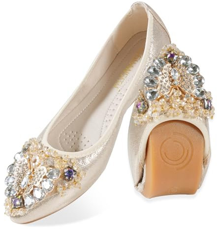 MACHSWON Women Ballet Flats Butterfly Rhinestones Wedding Ballerina Shoes Foldable Sparkly Comfort Slip on Flat Shoes Dress Flats for Women(Gold 7, Size 6)