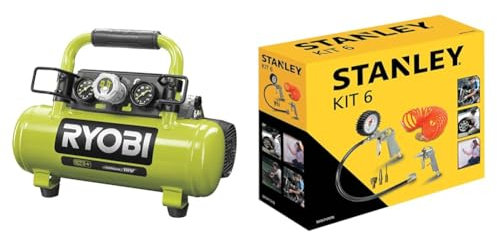RYOBI - Compresseur à cuve 18V - 3,8 L / 0,6 CV - 8 bars - R18AC-0 & Stanley 9045717STN Accessoires pour compresseur d’air