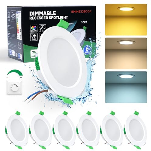 Shine Decor Spot LED Dimmable, 230V 7W 600LM pour Salle de Bain, IP44 Encastrable, Plafond LED pour Chambre à Coucher, Cuisine, 3000K/4000K/6000K, Øφ67-80mm, Lot de 6