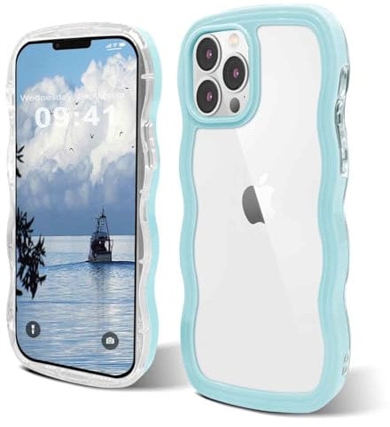 ORDA Cute Wave Frame Curly Design iPhone 13 Pro Shockproof Hard PC Phone Cover for Women and Girls, Blue
