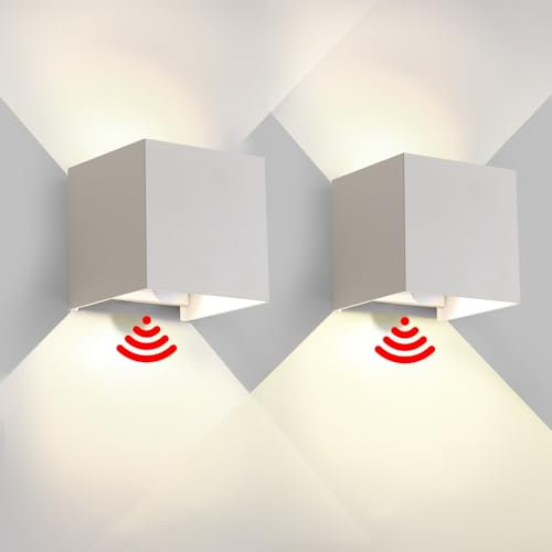 2 Pezzi Applique da Parete Esterno/Interno con Sensore di Movimento e Crepuscolare LED Cubo IP65 Impermeabile Lampada da Esterno Moderne Applique Quadrata Angolo del Fascio Regolabile Bianco 12W 4000K