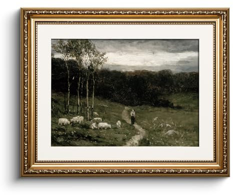 HUARCEY Leinwand Bilder mit Gold Rahmen, Vintage Wandbilder, Klassisch Wand Deko Wohnzimmer Schlafzimmer Badezimmer Küche, Bauernhaus Zimmer Deko, Retro Landschaft Painting, 33x40cm, klein