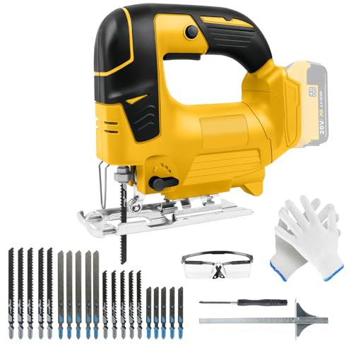 Cordless Jigsaw Compatible with 18V Battery, 3000 SPM Electric Jigsaw Tool with 20 Piece T-Shank Blades, Variable Speed, 0°-45° Bevel Cutting for Wood Plastic Metal (No Battery) (DW)