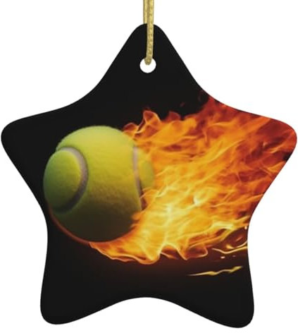 Burning Tennis Pictures Christmas Ornament with Gold Ribbon Christmas Tree Ceramic Ornament Xmas Star Shape Hanging Ornaments Pendants Round Xmas Crafts for Holiday Party Decoration Gift
