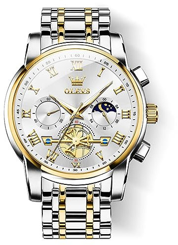 OLEVS Herrenuhr Golden Silber Edelstahl Luxus Chronograph Uhren für Männer Weißes Zifferblatt Römische Ziffern Einfachheit Business Herren Armbanduhr Wasserdicht Analog Quarz Multifunktion Herren Uhr