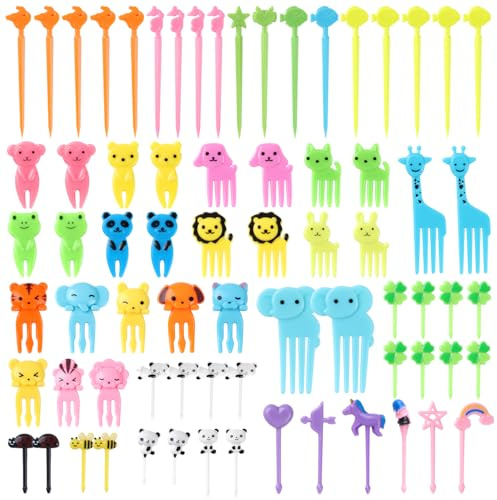 72 Stück Tiere Obstgabeln aus Kunststoff, Mini Cartoon Bento Obstgabeln Zahnstocher, Tier-Fruchtgabeln, FüR Kinder Food Kuchen Picks ZubehöR SüßE spieße Erwachsene Dessert Obst Kinderparty
