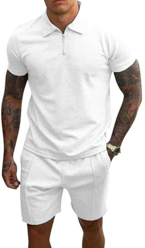 PRIVIMIX Herren Trainingsanzug Sommer Sportanzug 2 Teiliges Kurzarm T-Shirts Polo Jogginganzug Hemd Set Kurze Business Hose Freizeitanzug Weiß L