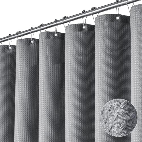 BTTN Rideau de Douche gaufré 180x200, Anti-moisissure et imperméable, Tissu résistant, 12 Crochets Inclus, Moderne et Luxueux, Lavable avec Ourlet lesté, Polyester décoratif pour Salle de Bain, Gris