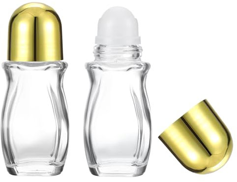 PATIKIL 50ml Glass Empty Roller Bottles, 2 Pcs Leak-Proof Massage Rollerball Container with Plastic Roller Ball for Storing Essential Oils Perfume, Gold