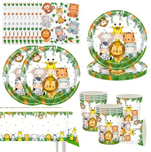 Ensemble de vaisselle de fête au thème safari - Décoration d'anniversaire - Pour 10 invités - Jungle Safari - Avec assiettes, nappes, tasses, serviettes