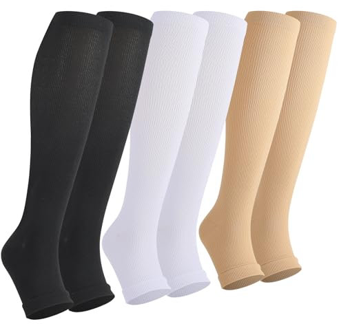 3 Paare Kompressionsstrümpfe Damen, Stützkniestrümpfe Compression Socks Lange kompressionssocken mit 15-25Mmhg Reisestrümpfe Stützstrümpfe Offene Spitze Abgestufte Unterstützung Stützstrümpfe 36-40