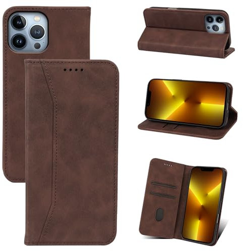 Qizyemy Cover Compatibile con iPhone 13 Pro Max(6.7),Flip Custodia in Pelle PU [Slot Cart] [Supporto Stand] [Magnetica] Custodia Protezione Antiurto TPU(Marrone)