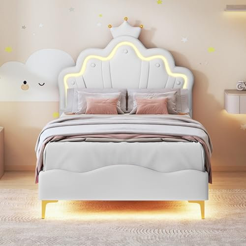 DAHUEN Kinderbett 90 x 200 cm mit Lattenrost, gepolstertes Bett für Mädchen mit LED-Beleuchtung, Prinzessinnenbetten, mit verstellbarem Kopfteil, Wolkenformen (90 x 200 cm (weiß)