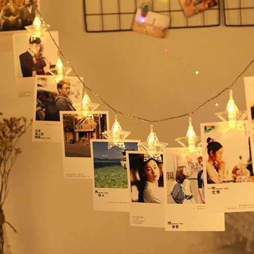 ENLACE LED Fotoclip Lichterkette, 3M 20 LED Sternform Lichterkette mit Klammern Batteriebetrieben, Warmweiß Fotoclips Lichterketten für Bilder Aufhängen, Zimmer, Hochzeiten, Weihnachten, Party Deko