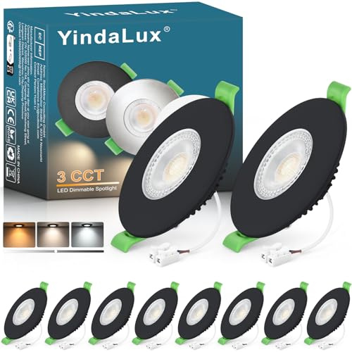 YindaLux 10x LED Einbaustrahler 230V Dimmbar 7W IP44 Schwarz Loch 60-75 mm | 700lm, IP44, ultraflach, 3 Lichtfarben 2700K/4000K/6000K, 38° Abstrahlwinkel, Flimmerfrei, für Bad, Küche und Wohnzimmer