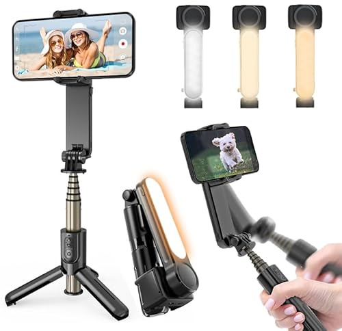 Stabilisateur Smartphone,avec lumière de Remplissage et télécommande, Portable et Pliable, Perche à Selfie à Cardan Portable pour Vidéo Vlog, Compatible avec Android/iOS