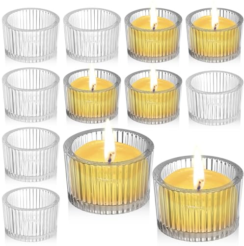12Pcs Portavelas Cristal Transparente, Portavela Té Vidrio Pequeñas Mini 5.5x3.5cm, Vasos Velas Pequeños para Vacaciones, Decoración de Bodas, Fiestas, Navideñas, Aniversarios, Hogar​​, Cumpleaños