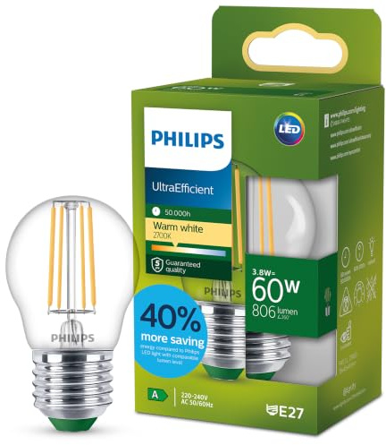 Philips LED UltraEfficient Clear P45 Glühfadenlampe, E27 Edison-Schraube, Energieklasse A, 806 lm, entspricht 60 W, Warmweiß (2700 K), EyeComfort, 50.000 Stunden, 1 Packung