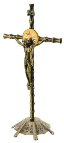 ULTECHNOVO Stehendes Jesus Kruzifix aus Zinklegierung, 22cm Vintage Kreuzstatue für Tisch & Gebetsraum, Christliche Retro Wohndeko, Katholisches Tischkreuz & Religiöses Geschenk, Messing-Optik