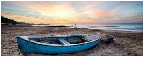 Wallario Memoboard aus Glas mit Motiv, Magnet-Tafel in 32 x 80 cm in Premium Qualität Fischerboot am Strand bei Sonnenuntergang