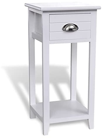 Nachtschrank weiß mit Schublade und Einlegeboden, aus Sperrholz und Paulowniaholz, einfache elegante Form als Telefontisch, langlebig und leicht zu reinigen