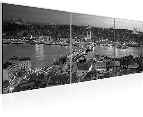 Runa Art - Bilder Istanbul Türkei 120 x 40 cm 3 Teilig Wandbild auf Vlies Leinwand Schwarz Weiss Mehrteilig Modern 603133c