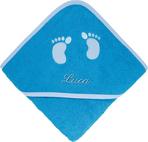 Erwin Müller Frottier Kinder-Kapuzenbadetuch mit Name - Kapuzenhandtuch inklusive Bestickung - Badetuch für Baby - Fußabdruck - 100% Baumwolle - blau - Größe 80x80 cm