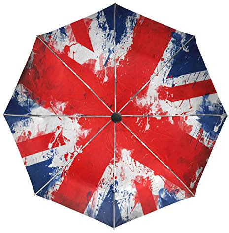 Wamika Great Britain Flag Unionjack Automatic Umbrella Britain Blue Red Windproof Waterproof UV Protection Travel Umbrella - 3 Folds Auto Open/Close Button Sun&Rain Car Umbrella