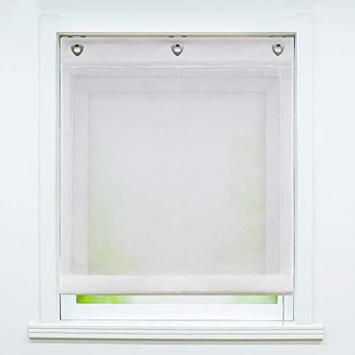 Joyswahl Weißes Ösenrollo in Leinen-Optik Leinenstruktur halbtransparentes Raffrollo Unifarbiges Schals Fenster Gardine mit Hakenaufhängung, ohne Bohren BxH 120x140cm 1 Stück