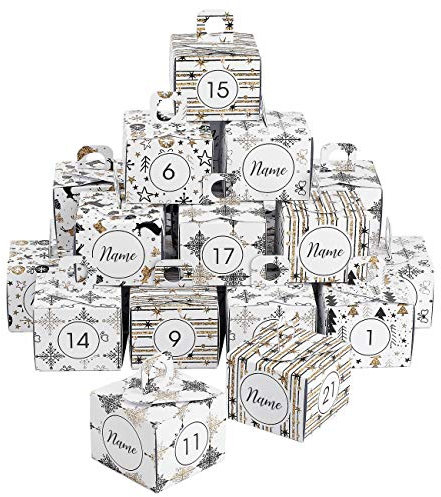 Herz & Heim® Adventskalender zum Befüllen DIY aus 24 Schachteln - Boxen mit goldenen Nuancen mit Namen personalisiert Kisten Set, Kordel, Klammern