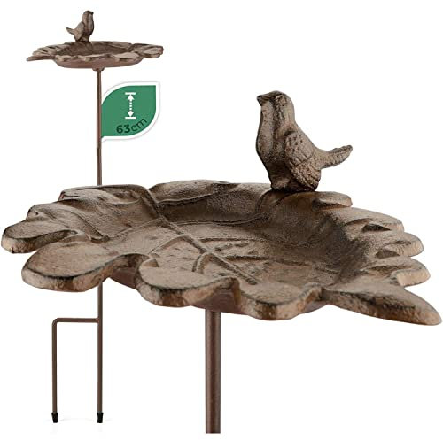 WILDLIFE FRIEND I Vogeltränke stehend, Vogeltränke Garten groß auf Stab - Höhe 63cm I Vogelbad frostsicher aus Gusseisen - Wasserschale Blattform