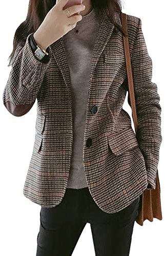CHARTOU Women's Chic Lapel Collar Plaid 2-Button Business Work Office Blazer Suit Jacket, brown, M