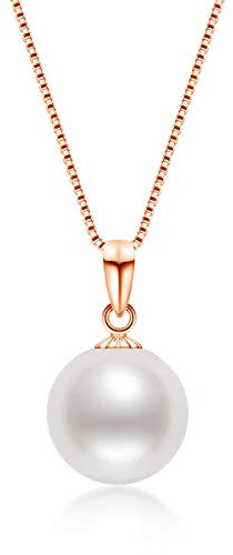 DENGGUANG Gold Pearl Pendant Necklace with 9-10mm Freshwater Cultured White Pearl and 18 Silver Chain - Rose Gold