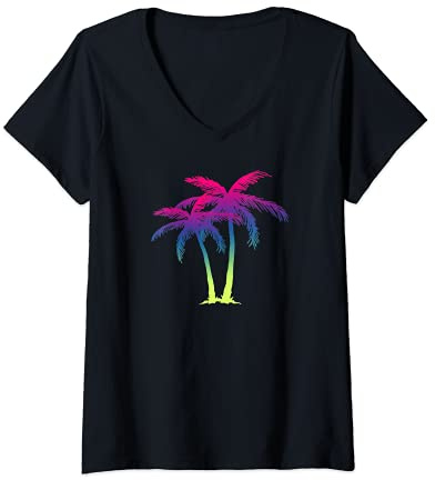 Womens Palm Tree Relaxing Beach Vacation Travel Artsy Tropical V-Neck T-Shirt