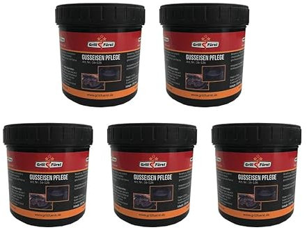 Grillfürst Einbrenn- und Pflegepaste inkl. Schwamm, 5 x 250 ml - Pflege für Gusseisen, Gussrost, Dutch Oven und Feuertopf, aus Kokosnussöl und Wachs