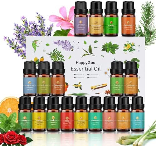 Oli Essenziali per Diffusori, Set di olio essenziale 18 x 10 ml, Essenze Naturali,Tea Tree Lavanda Rosmarino Eucalipto Ylang-ylang Incenso Citronella Arancia Menta Limone Bergamotto