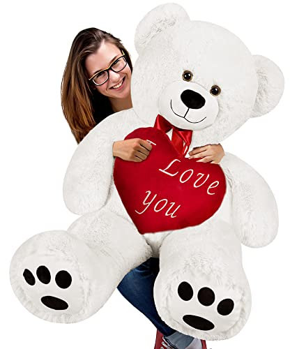 Deuba Ours en Peluche Blanc XL 150 cm Nounours avec Coussin Coeur Rouge 'I Love You' Jouet Cadeau