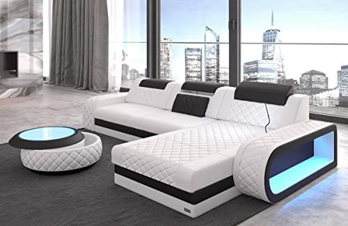 Sofa Berlin L Form Ecksofa Leder mit LED Licht Ledersofa Ottomane Couch mit Kopfstützen (Ottomane rechts, Weiß-Schwarz)