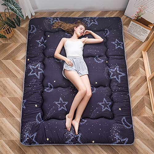 MAXYOYO Japanische Bodenmatratze Futonmatratze, Verdicken Tatami Matte Isomatte Faltbare Roll-Up Matratze Schlafsaal Matratzenauflage Bodenliege Kissen Bett (Mond und Stern, 90 x 190 cm)