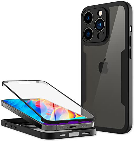 NALIA Klare 360° Hybrid Schutzhülle kompatibel mit iPhone 14 Pro Max Hülle, Transparent Anti-Gelb rutschfest, Harte Rückseite & Display-Folie & Aufprall-Schutz Silikon-Rahmen Schwarz, Rundum-Schutz