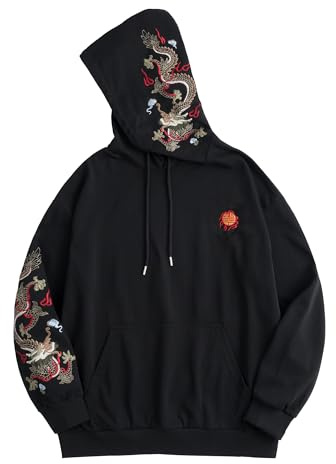 HaiZi XiHuan Sudadera con capucha japonesa informal holgada con diseño de dragón chino, ropa urbana, color negro, para hombre, negro, XL