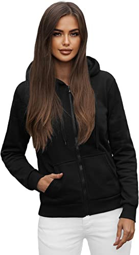 OZONEE Damen Kapuzenpullover Sweatjacke Sweatshirt Farbvarianten Kapuzenjacke Kapuzenpulli Langarm Kapuze Hoodie Sport Style Casual Fitness Basic Training 777/1618B SCHWARZ L