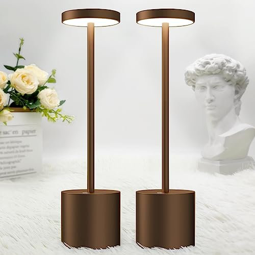 Hapfish 2 Stück LED Tischlampe Kabellos, 5000mAh Akku Dimmbar Tischleuchte, Aluminium, 3 Farbtemperatur, Touch Tischlampen Aufladbar für Indoor Outdoor Nachttisch Esstisch Bar Terrasse (Braun)
