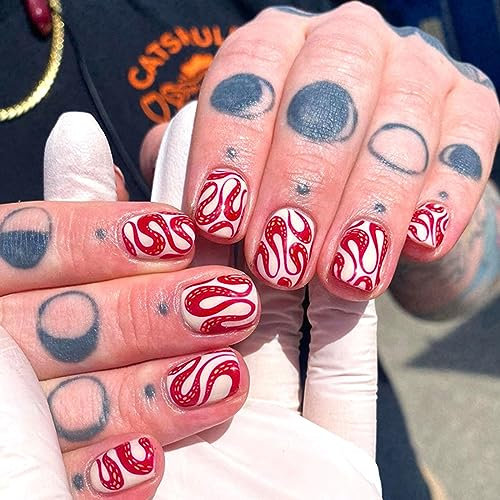 24 Stück Halloween Nägel Zum Aufkleben Kurz, Rote Schlange French Künstliche Nägel Oval Acryl Full Cover Kunstnägel Press on Nails mit Klebepads, Niedlich Fingernägel Fake Nails für Frauen