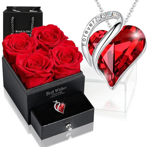 sopalmy Geschenke für Mama, Ewige Rose Box mit Herz Halskette, Upgrade Geschenke für Frauen mit Ewige Echte Rosen & Herz Halskette aus 925 Sterlingsilber Schmuck Rosenbox für Geburtstag Valentinstag