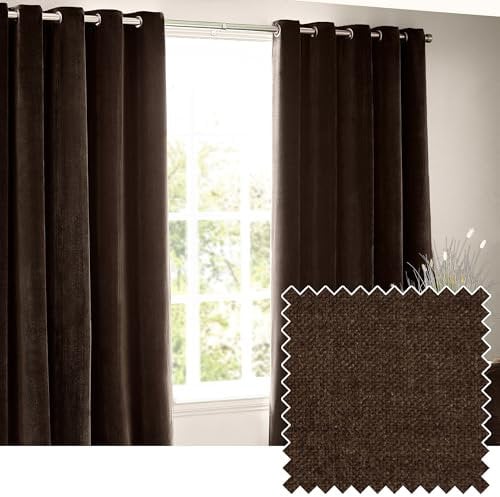 furn. Yard Heavy Chenille Velvet Eyelet Curtains, Brown, 168cm x 229cm