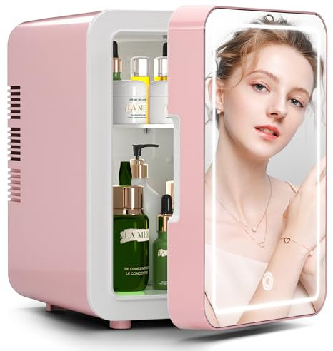 BOGDA Mini frigorifero per la cura della pelle (4 litri/6 lattine) con specchio a LED dimmerabile, refrigeratore e riscaldatore per raffreddare trucco, cura della pelle e cibo, mini